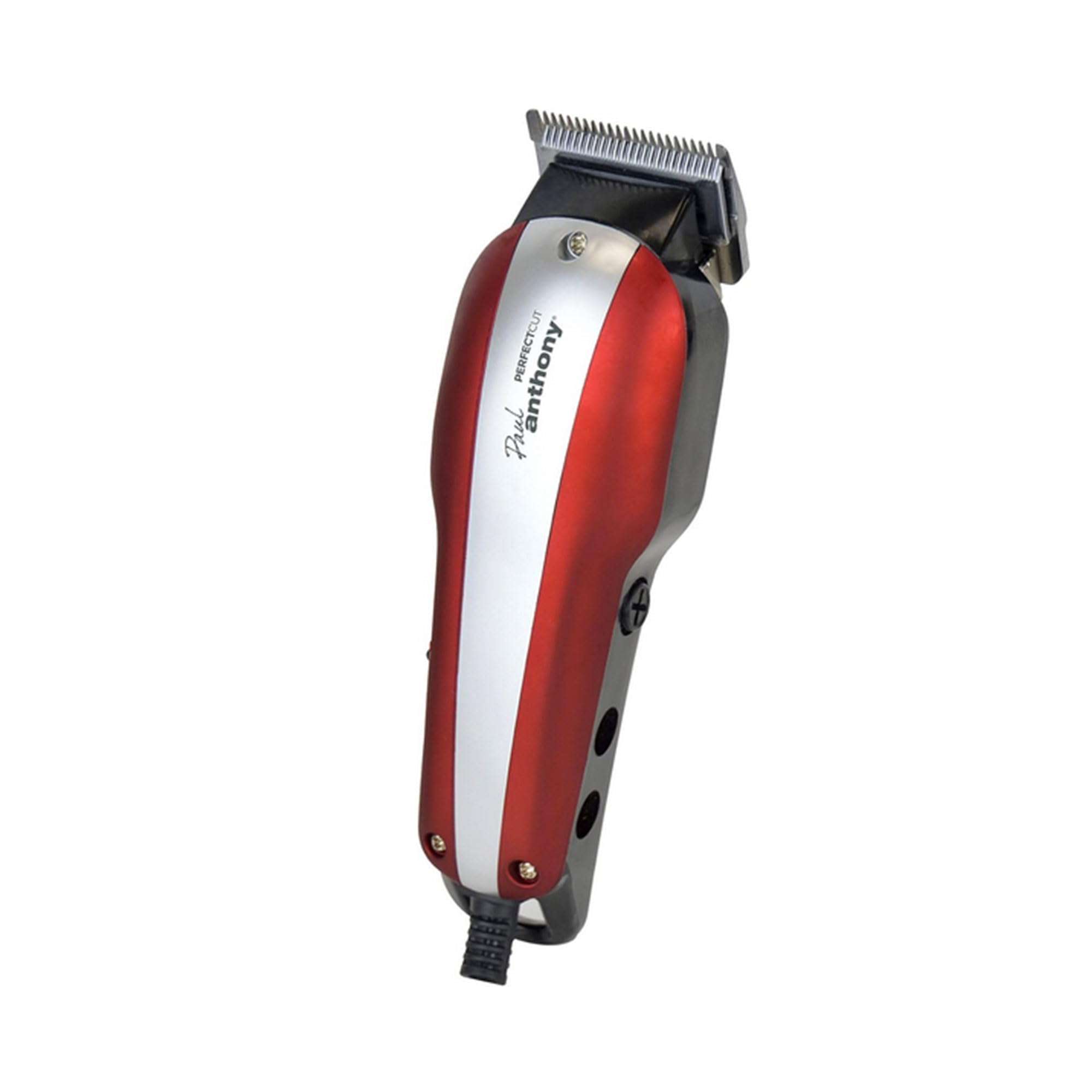 Cortapelos profesional con funda de transporte y accesorios, cable de 2,5 m de longitud de salón, 10 peines diferentes de 0,5 mm a 25 mm, rojo/plateado, cuchillas de acero de calidad de salón, tijeras