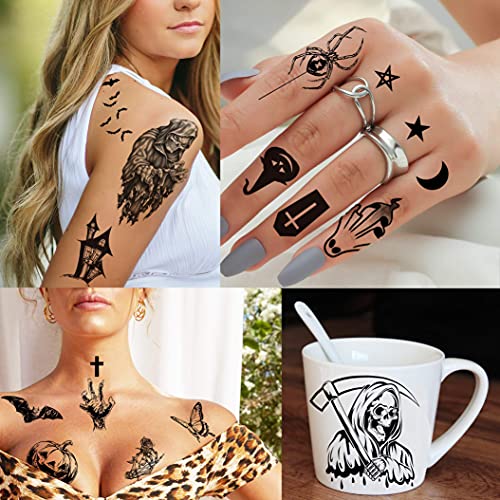 Shegazzi 52 Sheets Halloween Temporary Tattoos For Kids Boys Girls Women Men, 3D Scary Skull Skeleton Fake Tattoos Sticker For Adults, Small Ghost Vampire Bat Pumpkin Spider Temp Transfer Tatoos Devil #TOP5