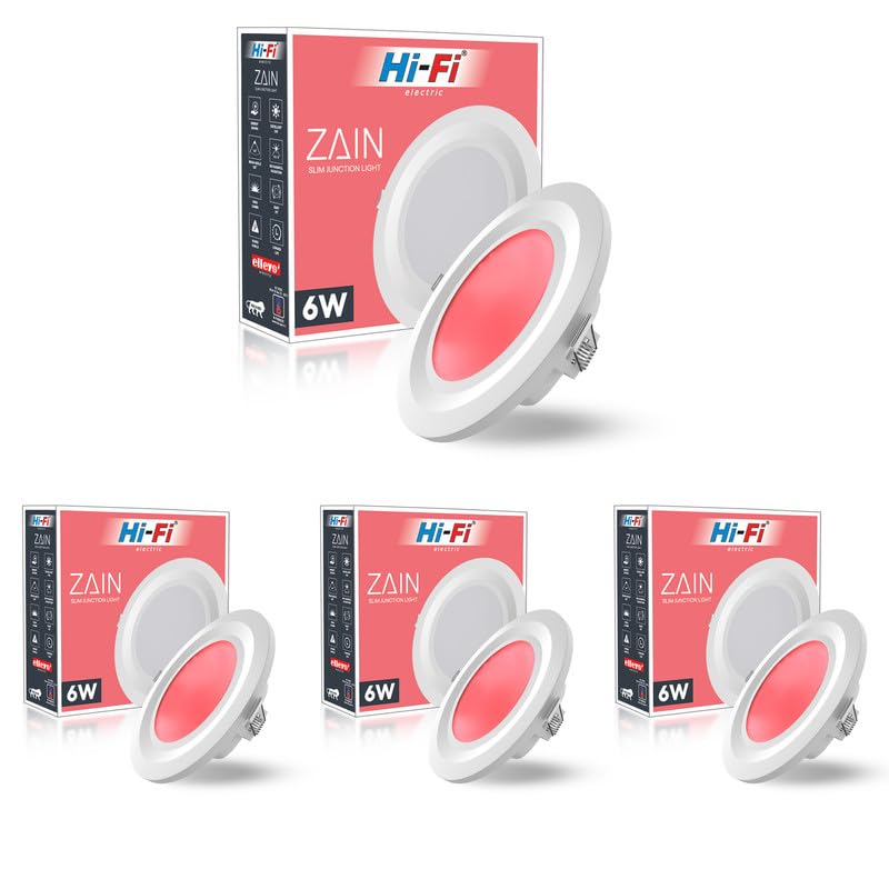 Image of elleys' Zain 6 Watt Junction Box Led Ceiling Light| Cut Out- 75 mm|BIS Certified| Red Color Ceiling Light for Hall,Room,Office | Led Downlighter Colour (Red) Pack of 4