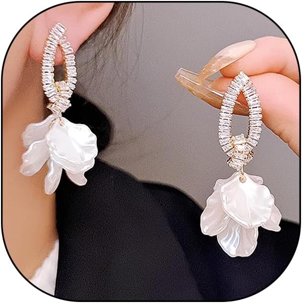 White Flower Dangle Statement Earrings for Women Bohemia Vintage Rhinestone Petal Floral Dangling Earrings Exaggerated Flower Earrings Fairy Jewelry