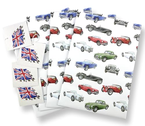 Classic Vintage Car Inspired Recycled and Recyclable Gift Wrapping Paper - 4 Sheets and 4 Gift Tags - birthday- Father's Day - Christmas Wrap