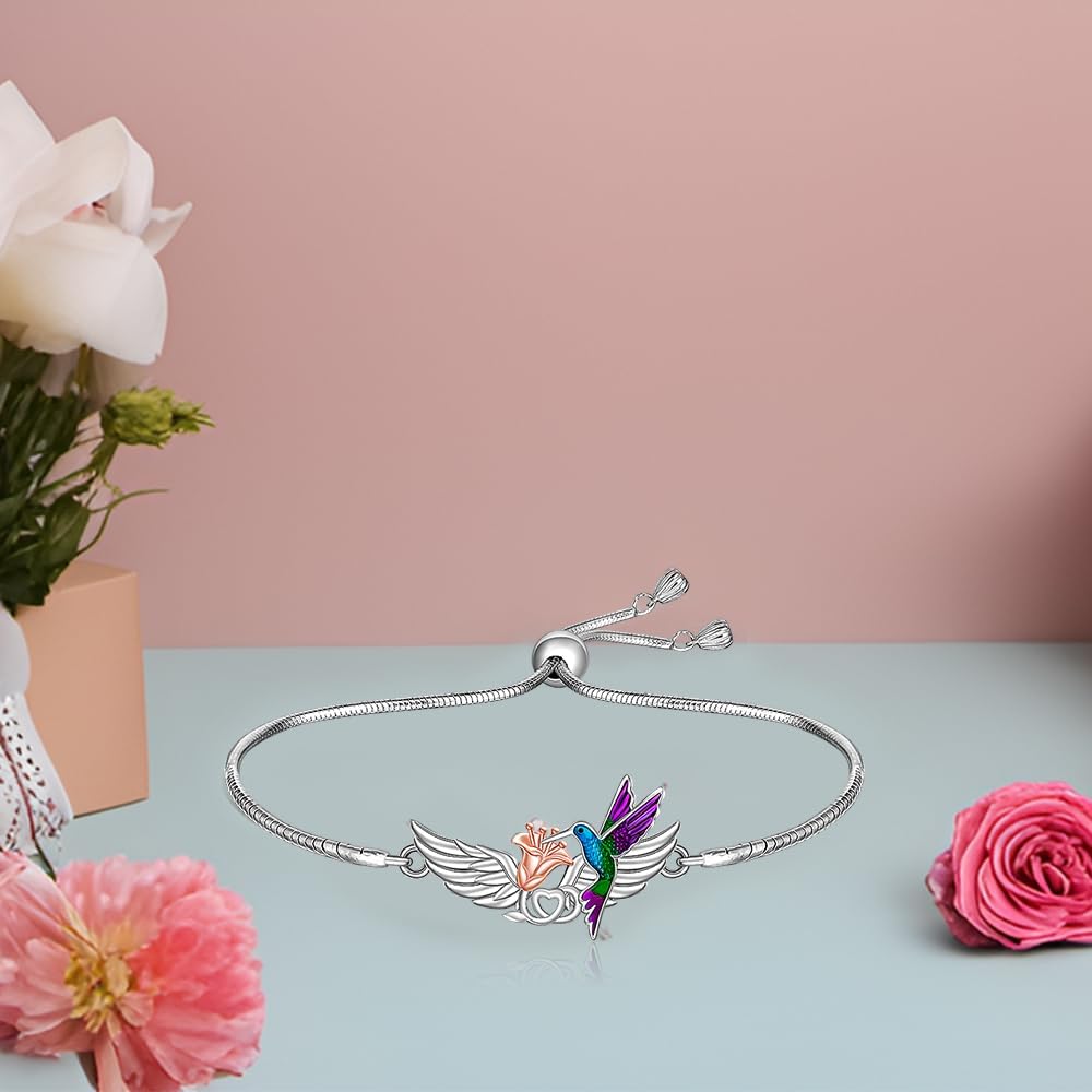 Fenthring Angel Wing Hummingbird Bracelet Sterling Silver Hummingbird Bracelets for Women Adjustable Bird Flower Blue Purple Hummingbirds Humming Bird Gifts - Image 4