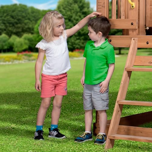 Backyard Discovery Scenic Heights Elevated Cedar Wooden Kids Playhouse with Play Kitchen, Wrap-Around Deck, Toy Storage Bench, Saloon-Style Doors, Ladder, Stairs, and Growth Chart for Outdoor Play - image 7