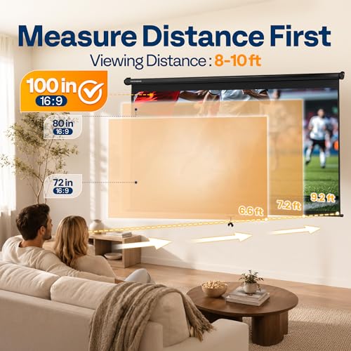Image of VIVOHOME 100 Inch 16:9 Pull Down Projector Screen, Black | Manual Retractable 4K Projection Screen for Home Theater, Roll Up ALR Movie Screen for Ceiling and Wall Mount