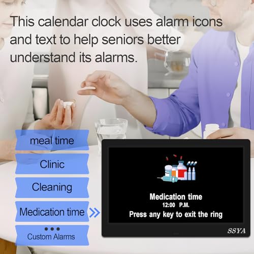 Image of SSYA Dementia Clock for Seniors, Digital Clock with Date and Day of Week, Auto DST, Non-Abbreviated Large Calendar Alarm Clocks (Black)