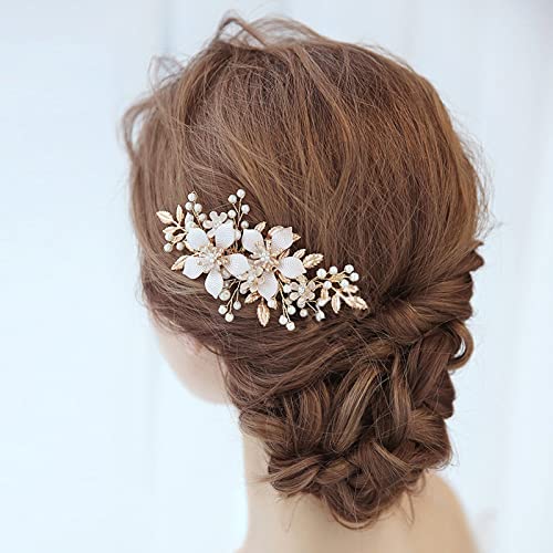 XOPOZON Blumen Brautschmuck, Braut Legierungs Blumen Hochzeits Haarschmuck, Handgemachte Perle Strass Haarkamm Haarschmuck, für Damen und Mädchen(Gold) Cover