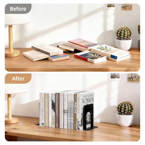 Image of HappyHapi Book Ends, Metal Bookends for Shelves, Non-Skid Book End to Hold Books, Black Book Stopper /Holder for Office Home Kitchen, 5.7X 4.9 X 6.5 in, 3 Pair(6 Pcs, Large)