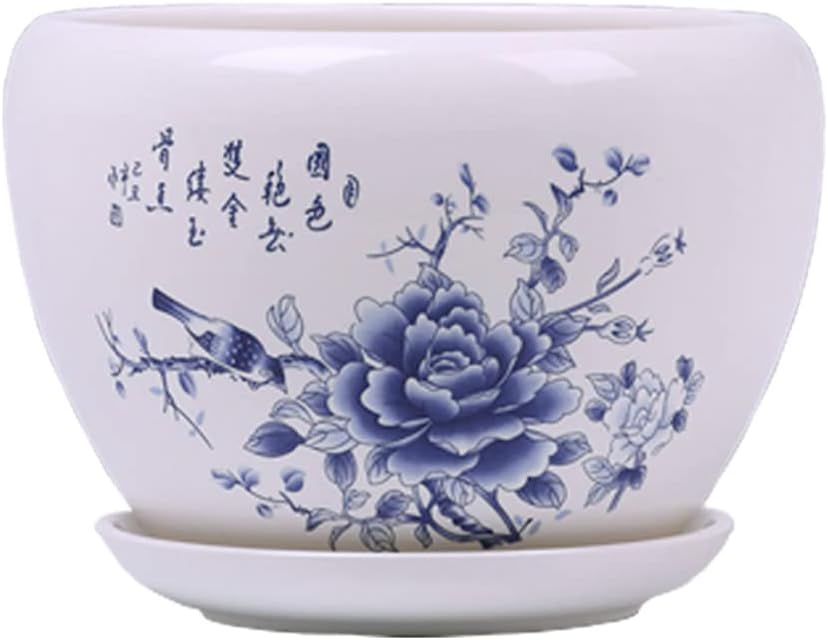Large Blue and White Porcelain Flower Pot with Drainage & Saucer, Traditional Chinese Ceramic Planter for Indoor Outdoor Plants, Decorative Plant Pot for Home Garden Patio Decor