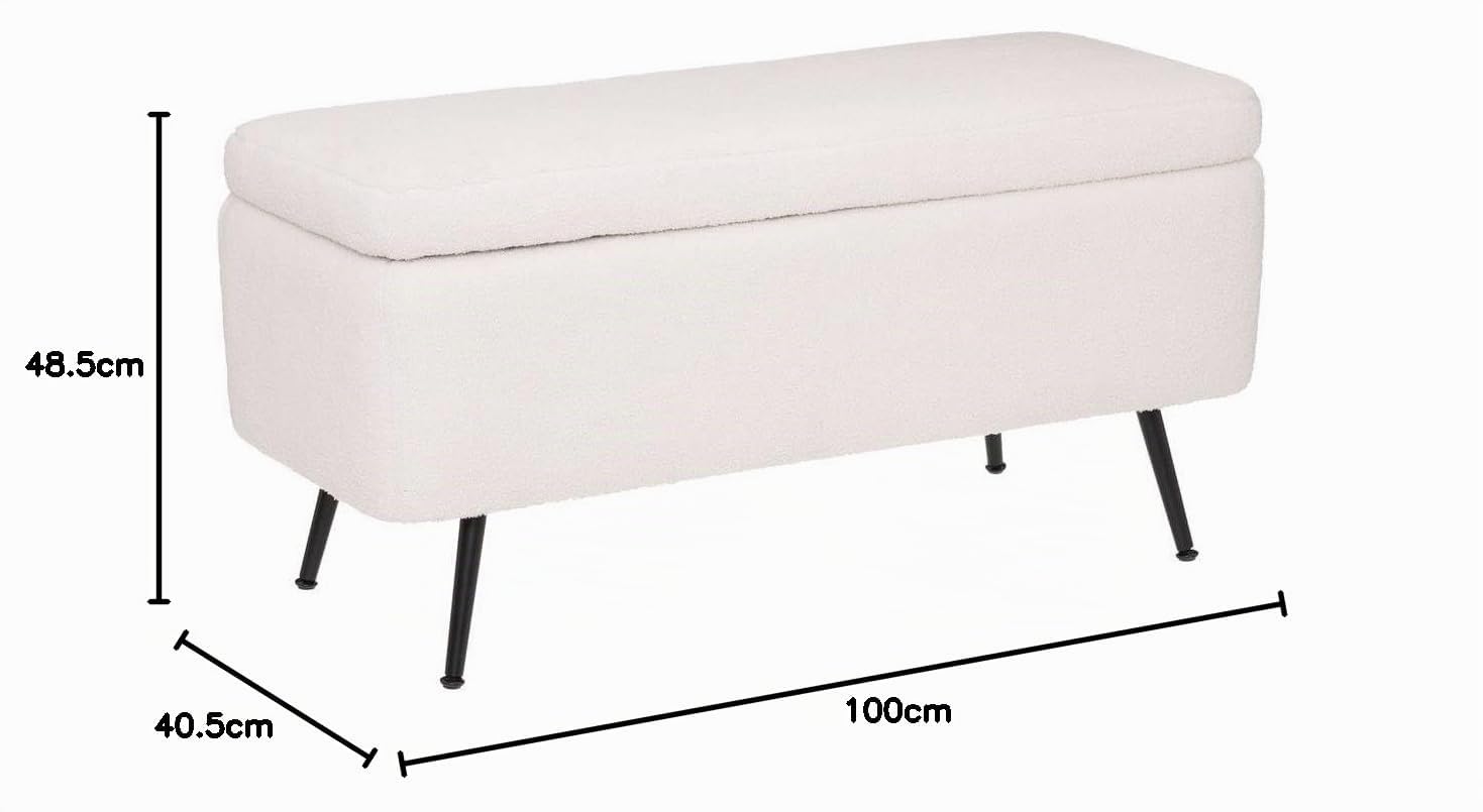 Banc Coffre Tissu Blanc à bouclettes et Pieds en métal 100 x 40 cm - Atmosphera