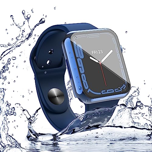 Image of Misxi [2 Pack Waterproof Anti-Scratch Case with Button for Apple Watch Series 9 (2023) Series 8 Series 7 41mm, Hard PC Cover with Tempered Glass Screen Protector for iWatch, 1 Blue + 1 Transparent