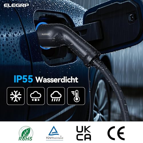ELEGRP Typ 2 Ladekabel, 11kW 5M 16A 3-Phasig, Typ 2 auf Typ 2 Mode 3 Ladekabel für Elektroauto EV/PHEV mit Tragetasche, Geeignet für Model S/3/X/Y, VW ID.3 ID.4 e-Golf und andere EV