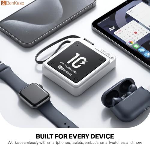 Image of Bonkaso 10000mAh 22.5W PD Power Bank with Inbuilt Type-C Cable, Digital Display, Metallic Silver Compact Portable Charger with Type-C Input & Output for Mobiles Tablets Earbuds