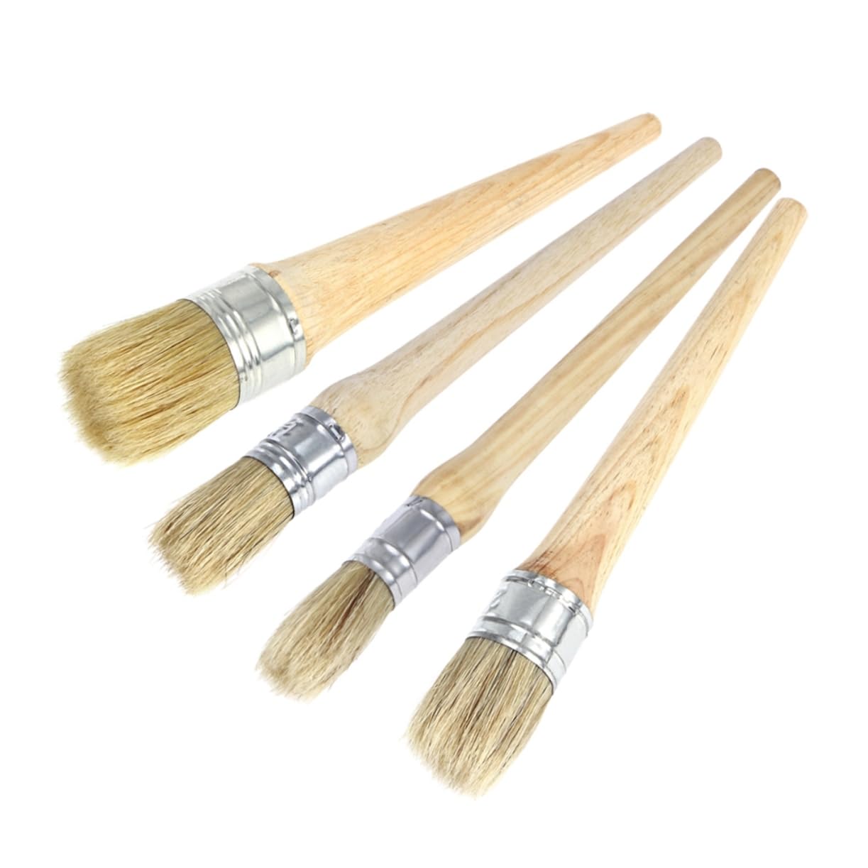 Pennello Rotondo per Pittura a Manico lungo 4 Pezzi, Legno | Set Professionale con Setole Naturali, per Stencil e Decorazioni Casa, Accesso Agevole a Fessure Difficili