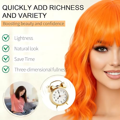 Image of AGO Orange Wig with Bangs Ginger Wigs Short Wavy Hair for Women Colorful Costume Wig Heat Resistant Fiber Wigs for Daily Party Halloween Cosplay Use(TF2202#Orange)