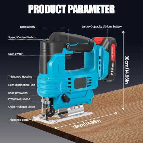 Cordless Jigsaw 21V 600W with 4 Orbital Setting, 3000SPM, 2x2Ah Battery, 6 Variable Speed, ±45° Bevel Cutting Angle, 10Pcs Blades, Electric Jigsaw for Wood Metal Cutting, with Charger & Carrying Case 5 Cordless Jigsaw 21V 600W with 4 Orbital Setting, 3000SPM, 2x2Ah Battery, 6 Variable Speed, ±45° Bevel Cutting Angle, 10Pcs Blades, Electric Jigsaw for Wood Metal Cutting, with Charger & Carrying Case - Image 5