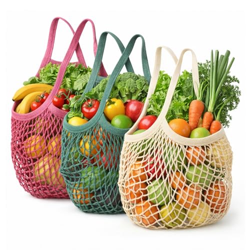 Grocery Mesh Bags 3 Pack Portable Reusable Washable, Organic Cotton