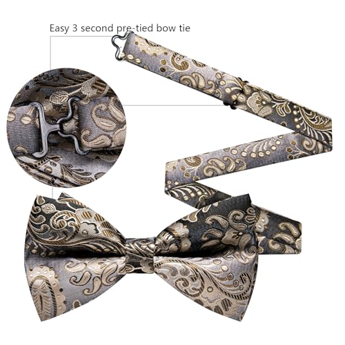 Image of Barry.Wang Paisley Striped Bow Tie for Men Silk Pre-Tied Bowtie Pocket Square Cufflinks Set Formal Wedding Party Prom