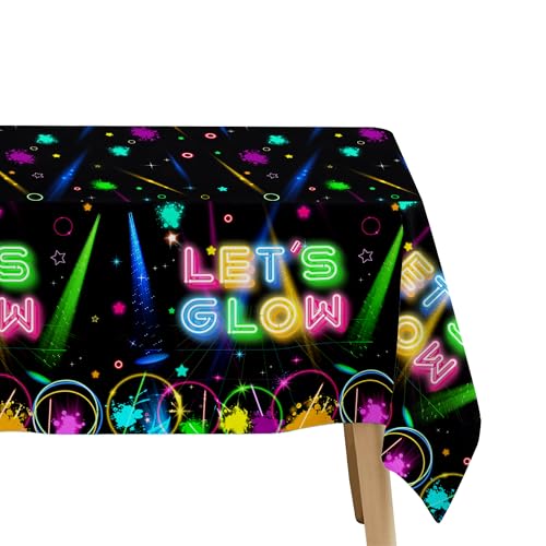 Image of Neon Glow Birthday Party Decorations Tablecloth, 3Pcs Disposable Glow in The Dark Party Tablecover Supplies, Neon Graffiti Theme Party Decorations Table Cloth, 86in x 55in