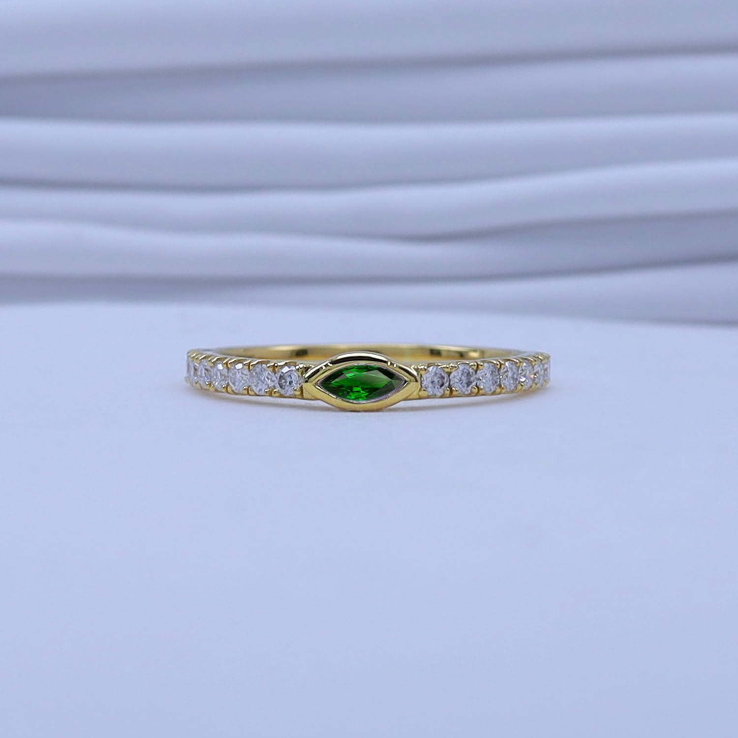 Bezel Set Stackable Wedding Ring Band for Women Marquise Cut Simulated Birtstone & Round Lab Created Moissanite In 14K Gold Plated Sterling Silver Jewlery (0.50 Cttw)