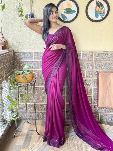 Image of AKHILAM Women's Georgette Embellished Saree With Unstitched Blouse Piece