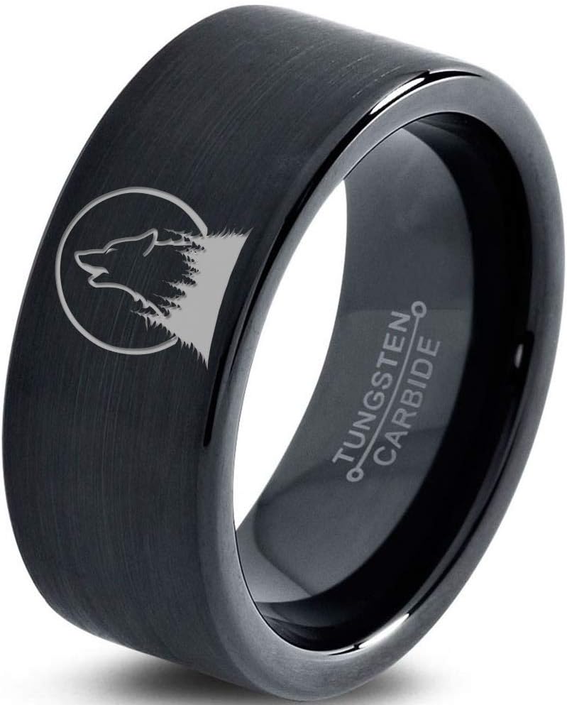 Howl at The Moon Wolf Wild Soul Ring - Tungsten Band 8mm - Men - Women - 18k Rose Gold Step Bevel Edge - Yellow - Grey - Blue - Black - Brushed - Polished - Wedding - Gift Dome Flat Cut