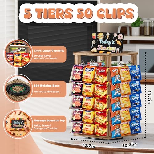 Emfogo Chip Rack Display Stand, 5-Tier Snack Organizer with 50 Clips for Office Desk, 360° Rotating Wooden Base Chip Holder, Snack Display for Concession Stand, Countertop, Party, with Message Board by Emfogo - Image 2