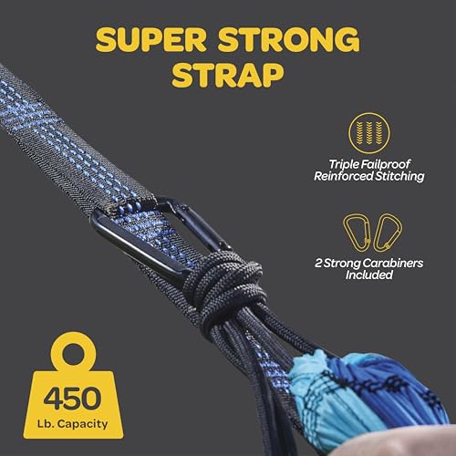 Image of Durable Hammock 500 lb Capacity, Nylon Camping Hammock Chair - Double or Single Sizes w /Tree Straps and Attached Carry Bag - Portable for Travel /Backpacking (Large, Black with Net)