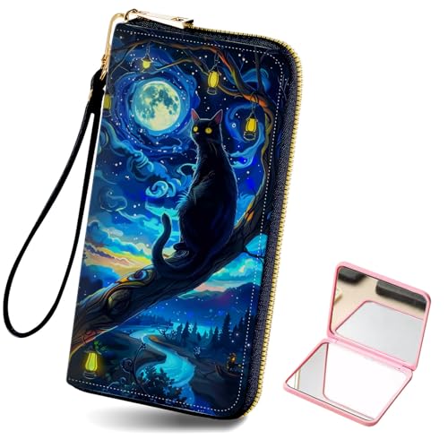 Women's Card Holder Wristlet Wallet, Convenient Travel Long Wallet with Strap and Pink Compact Mirror, Fashion and Sturdy Wristlet Long Purse for Women, Starry Night Cat