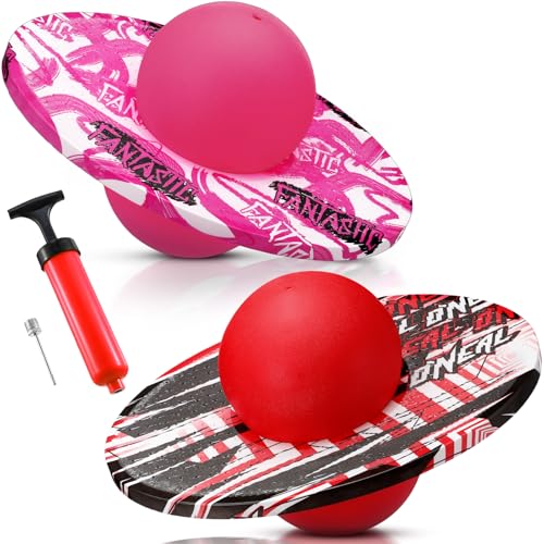 Junkin 2 Pcs Pogo Ball Trick Board Toy Balance Board Pogo Balance Bounce Ball with Pump and Strong Grip Deck for Fun Challenge Fidget Indoor,Outdoor Toys(Red, Pink,Fashion Style)