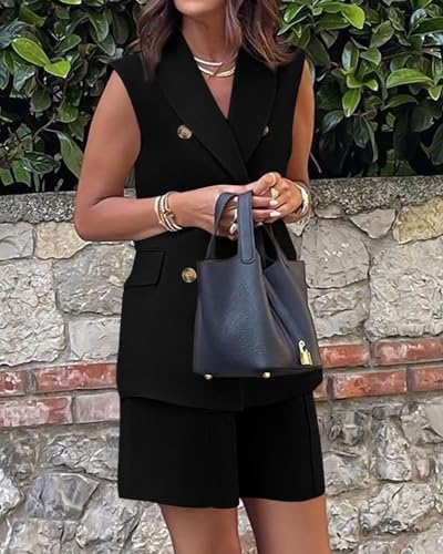 Women's Casual 2-Piece Set: Sleeveless Blazer Vest & Shorts with Lapel & V-Neck Buttons - Perfect for Office & Leisure4