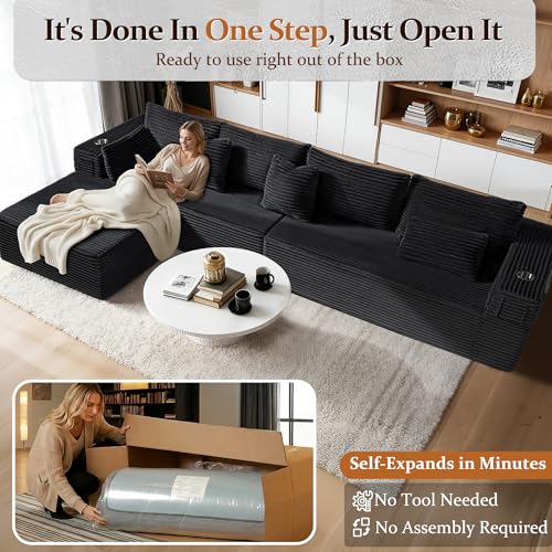 Image of 138 inch Oversized Cloud Sectional Couch, Comfort L Shaped Boneless Couch for Living Room, Extra Deep Seats No Assembly, Minimalist Modular Sofa, Corduroy (Black, 3 Seater+Left Facing Chaise)