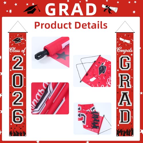 Image of 2026 Graduation Decorations, Red Graduation Banner Class of 2026, Hanging Congratulations /Congrats Grad Porch Banner for Door Schools Grad Party Decorations Red and Black