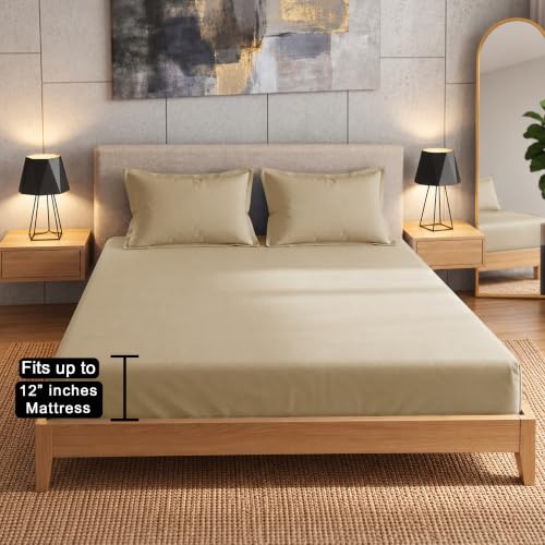 Image of Story@Home 300 TC Cotton King Size Fitted Bedsheet, Beige, 182 x 198 cm