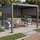 Pergola HWC-P65 mit 3X Seitenwand, Rollo Terrassenüberdachung Garten Lamellenpavillon, 10cm-Alu-Gestell 3x3m - anthrazit