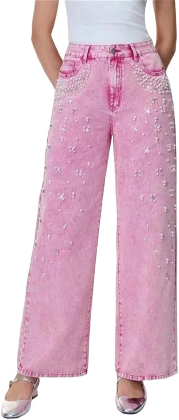 Women Washed Denim Straight Leg High Waist Long Pants Pearl Embellished Casual Comfort Jeans for Daily Wear