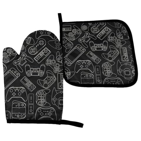Abucaky Video Game Controller Black Background Oven Mitts and Pot Holders Insulated Gloves & Kitchen Counter Safe Mats for Cooking BBQ Baking Grilling (2-Piece Set) Cover
