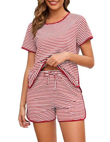 Image of Cotton Pajama Sets for Women 2 Piece Lounge Set Stripe Pj Set Loungewear Short Sleeve Top and Shorts with Pockets