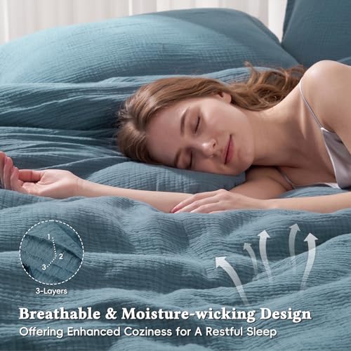 Image of David's Home Cotton Muslin Comforter Set King Size, 100% Cotton Cover Ultra-Soft Breathable Skin-Friendly for Spring Summer, 3PCS Linen Like Gauze Bedding Set with Polyester Filling, Prussian Blue