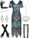 Women 1920s Gatsby Vintage Sequin Flapper Fringe Party Plus Dress with 20s Accessories Set, Styele Flower Black Green, Large