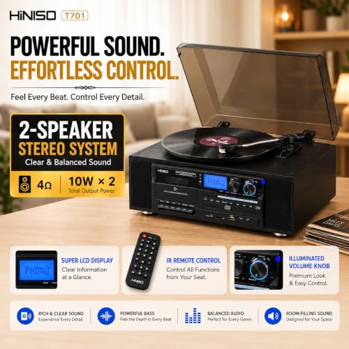 Image of HINISO T701 10-in-1 Vinyl Record Player with Bluetooth in & Out, CD, Cassette, FM /AM Radio, USB /SD Recording | Auto-Return 3-Speed Turntable with AT-3600L Diamond Needle, Remote & RCA