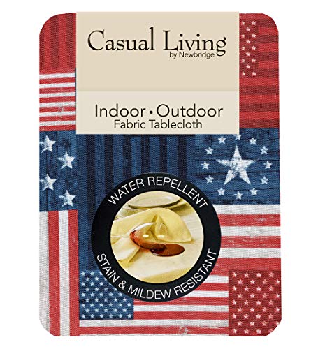 Newbridge American Flag Patchwork Indoor Outdoor Fabric Tablecloth, Patriotic Flag Heavy Weight, Stain And Water Resistant Tablecloth, 60 X 84 Oblong Zipper Umbrella Tablecloth #TOP2