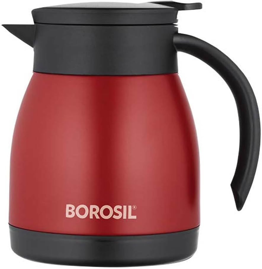 BOROSIL VACUUM INSULATED STAINLESS STEEL TEAPOT | TEA POT | THERMAL FLASK | THERMOS | CARAFE | JUG | COFFEE POT | FOR WATER, COFFEE, TEA | RED 500 ML