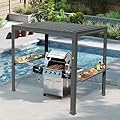 SHPAI 8x5 FT Grill Louvered Pergola for Outdoor Grill, Hardtop Grill Pergola with Built-in Gutter & Adjustable Rainproof Roof, Metal Shelter Gazebo for Patio Backyard Deck -Grey