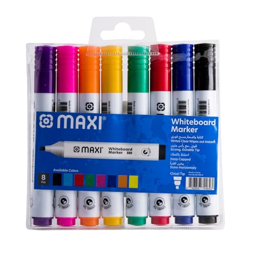 Maxi Whiteboard Marker Chisel tip 8Pcs Assorted Colors (Blue Black Red Green Orange Brown Purple and Pink) Erasable Markers