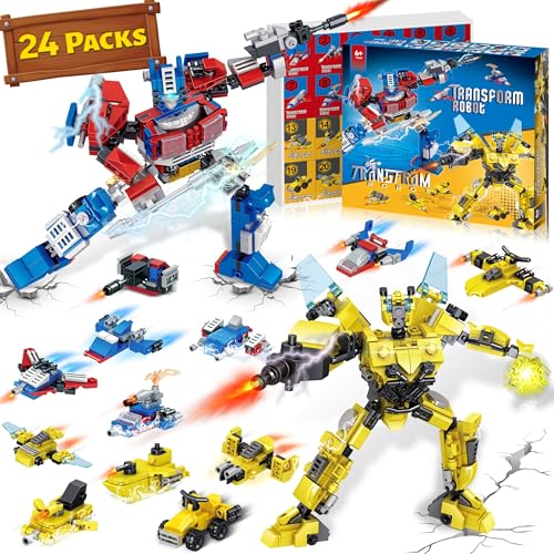 24 Packs Party Favors for Kids - Transform Robot Building Blocks, 12-in-1 Creative Action Mech Toy Building Set for Classroom Prizes Stocking...