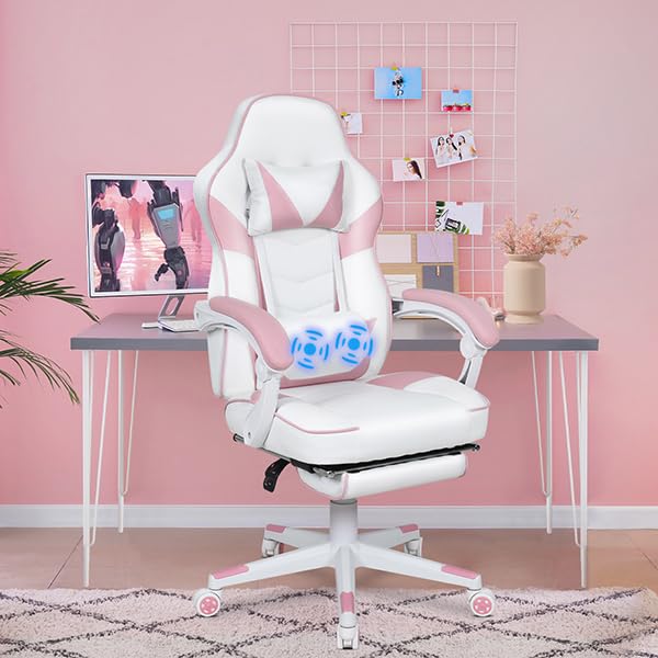 YU YUSING Silla Gaming Ergonómica con Masajeador, Silla de Ordenador Oficina con Reposacabez, Sillón Gamer Escritorio con Soporte Lumbar Reposapiés, Altura Ajustable, Cadeira Gaming, Rosa Blanco