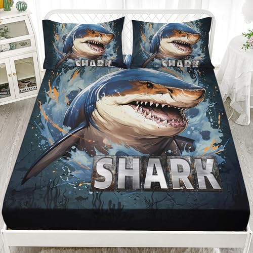 AILONEN Cartoon Shark Fitted Sheet Set,Shark Bedding Queen Boys Sheet Set,Ocean Sea Animal Print Bed Sheet Set 3 Pieces, 1 Fitted Sheet and 2 Pillowcases