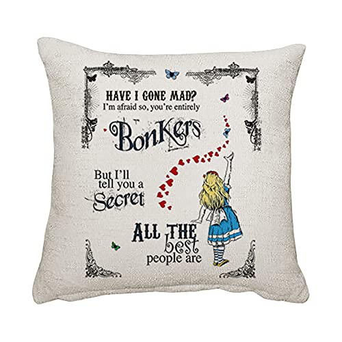 Image of Alice in Wonderland Have I Gone Mad Birthday Gift Secret Santa Bonkers Hearts Home decor Linen Throw Pillow/Cushion. (Linen Cushion Cover)
