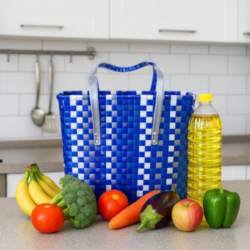 Image of Hand Made Multipurpose Plastic Basket with Lid | Eco-Friendly, Washable, Rust-Free Storage Basket for Kitchen, Picnic, Toys, Travel, Office | Lightweight basket (Blue with Grey, L)