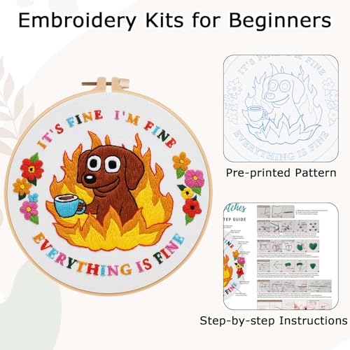 Image of Nuberlic Cute Dog Embroidery Kits for Beginner Adults Cross Stitch Kit with Funny Animal Pattern Include Cloth Hoops Threads Needles